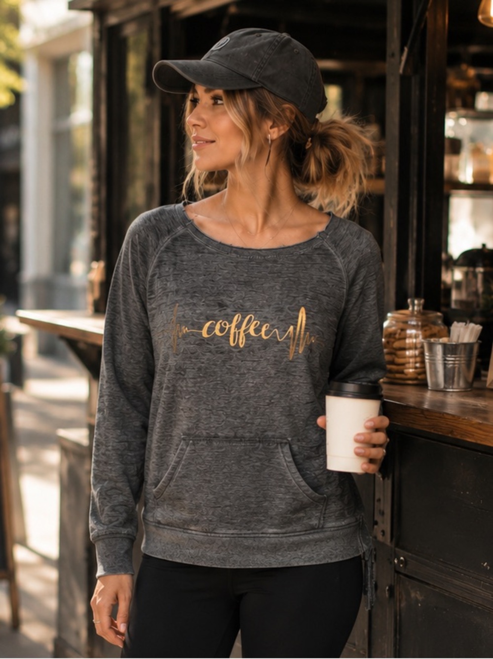 Zobha Heartbeat Metallic Coffee Graphic Gray Women's Sweatshirt Pouch Pocket L